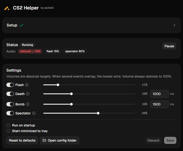 CS2 Helper app window showing status and settings